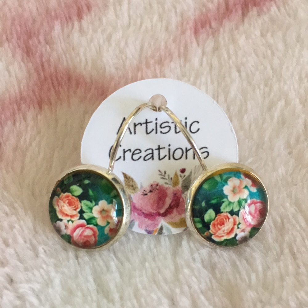 Teal Peach Floral Glass Cabashon Leverback Pierced Earrings Handcrafted NWT 1”